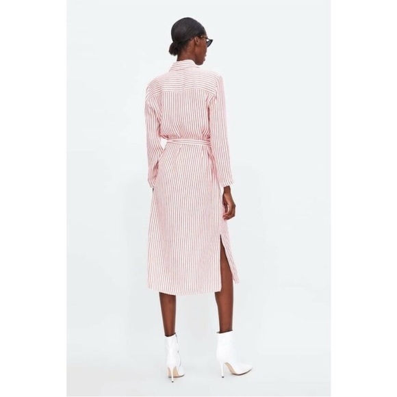 Zara Shirt Dress Red White Striped Linen Blend Midi Button Front Shirtdress - Picture 3 of 14